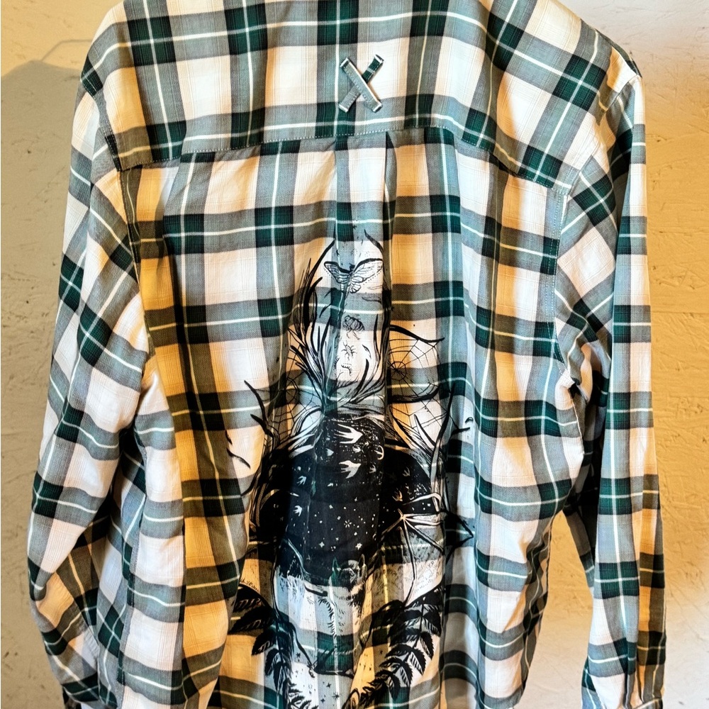 Green Plaid Button-Up Shirt with Graphic